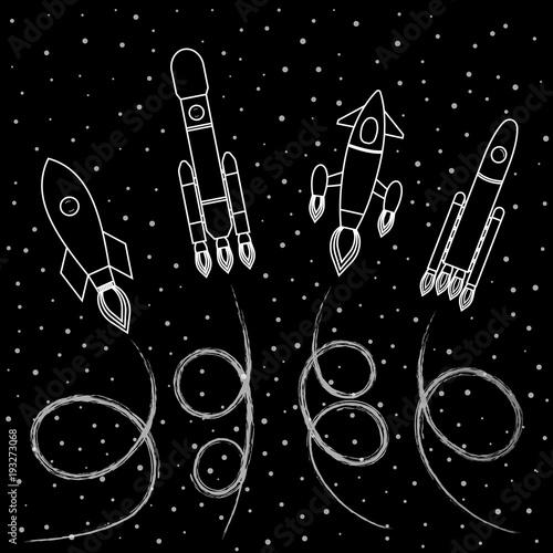 Space ships flying in space and leaving a reactive track. A set of painted spaceships. Vector illustration