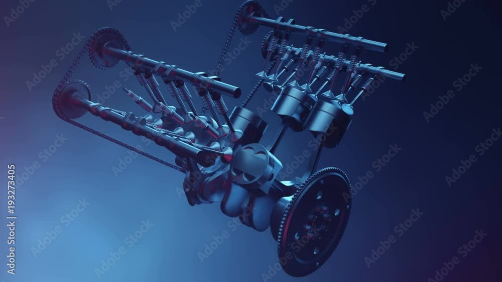 V6 engine inside, animation in motion, pistons, camshaft, chain, valves