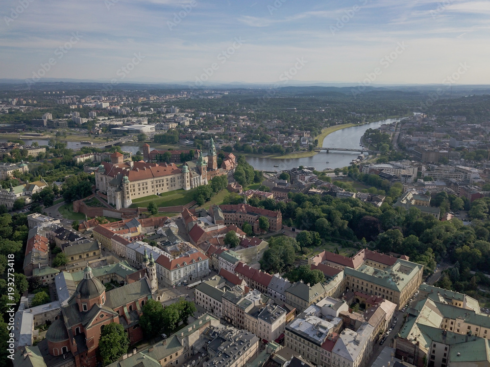 Aerial of the Royal Wawel castle and Krakow Old Town
