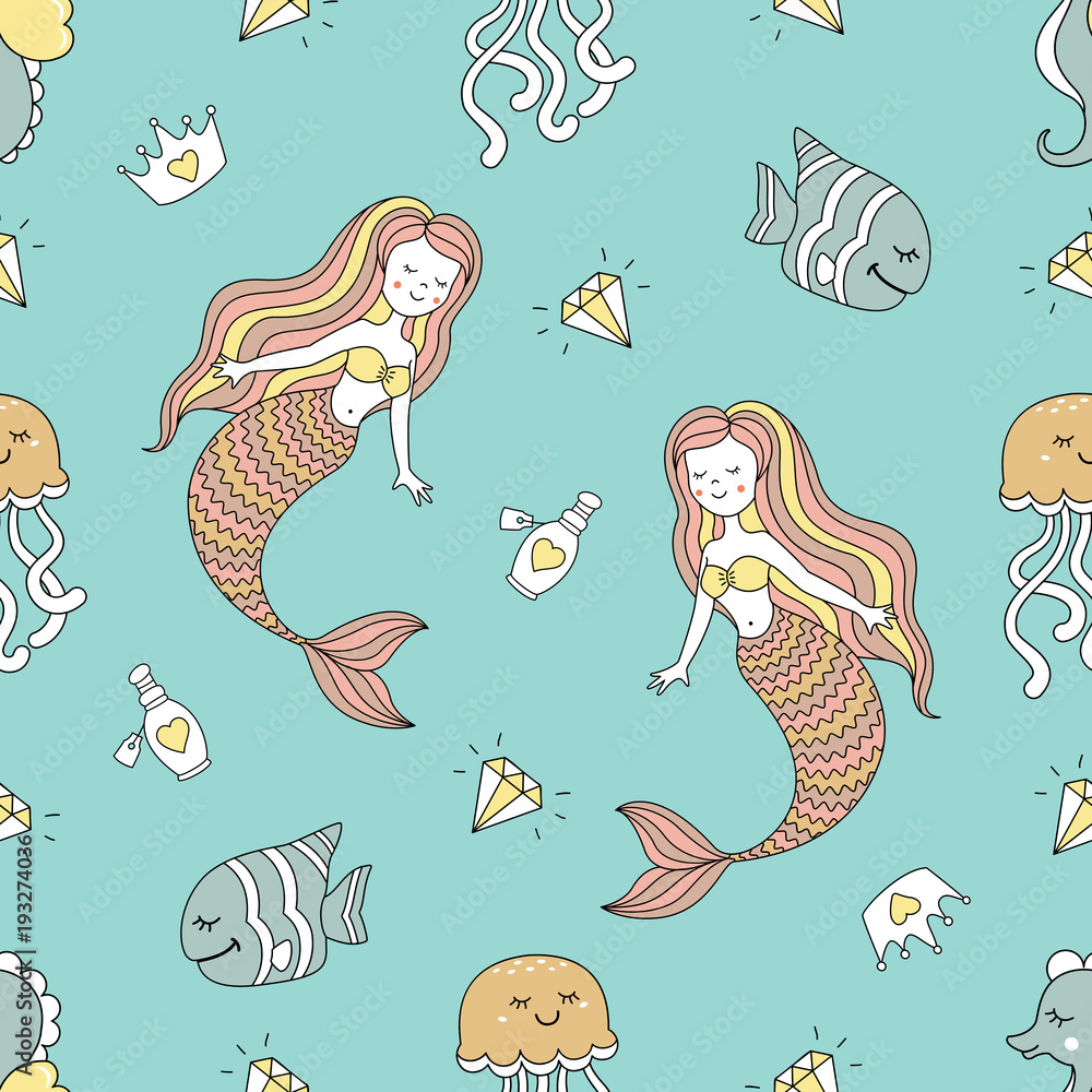 Cute seamless pattern with mermaids and sea animals. The pattern can be ...