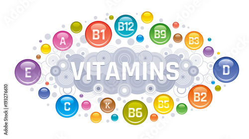 Multi Vitamin complex icons. Vitamin A, B group - B1, B2, B3, B5, B6, B9, B12, C, D, E, K multivitamin supplement logo, isolated white background. Diet Infographic poster. Pharmacy vector illustration