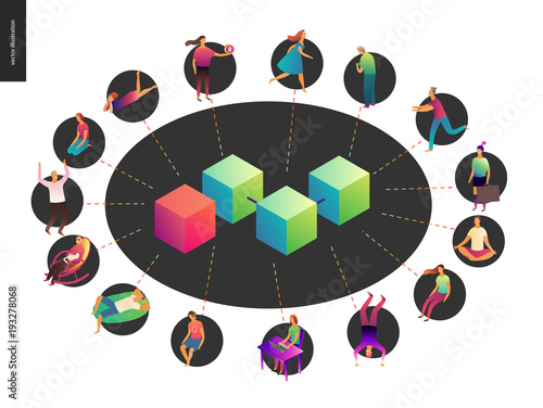 Blockchain concept vector illustration - scheme showing the cryptocurrency transaction processing and user connection