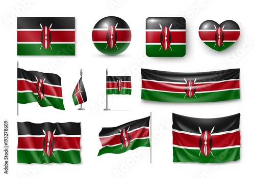 Free Download Set Kenya flags, banners, banners, symbols, realistic icon. Vector illustration of collection of national symbols on various objects and state signs - GFXLoad
