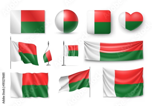 Set Madagascar flags, banners, banners, symbols, realistic icon. Vector illustration of collection of national symbols on various objects and state signs