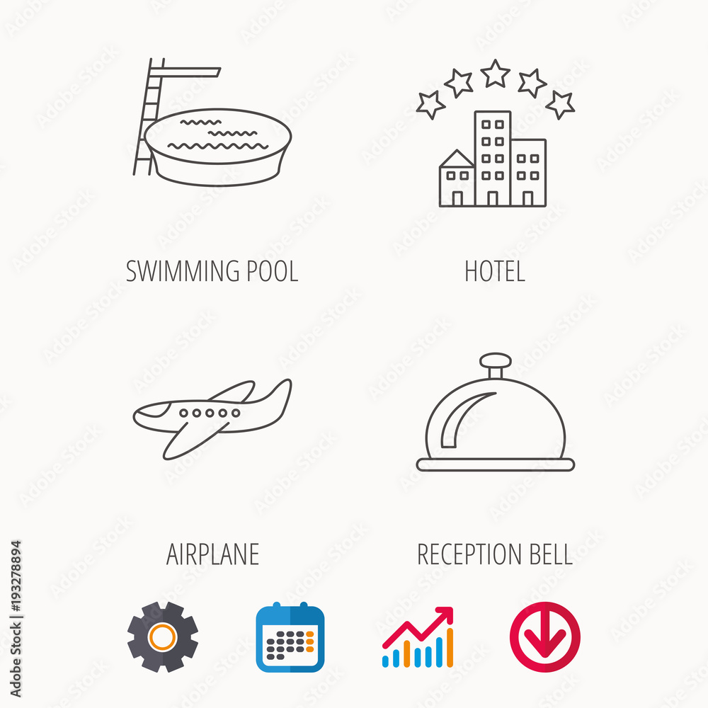 Hotel, swimming pool and airplane icons. Hotel, swimming pool and airplane icons.