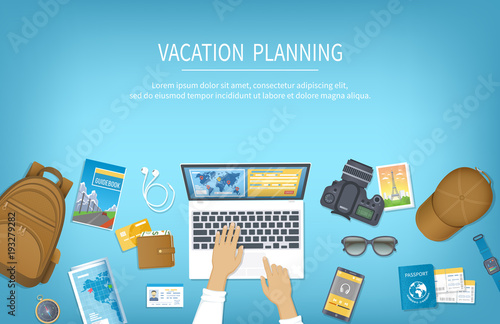 Vacation planning, packing Check List, reservation, booking a hotel. Preparing for travel, journey, trip. Table with baggage, air ticket, passport, ID card, wallet, guidebook, camera, compas, map.