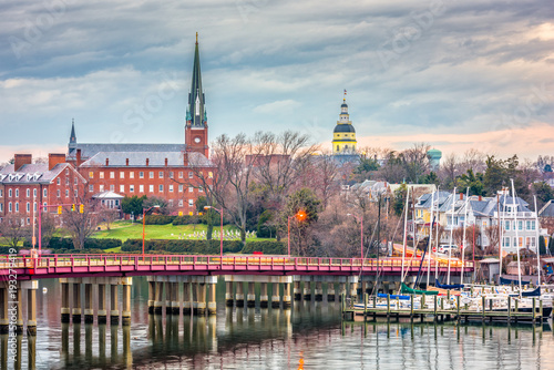 Annapolis  Maryland  USA State House and St. Mary s Church viewed over Annapolis Harbor and Eastport Bridge.