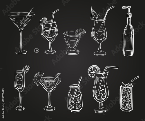 Vector set of cocktail glasses in the style of chalk on a blackboard