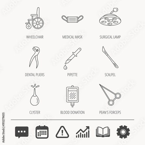Medical mask  scalpel and dental pliers icons.