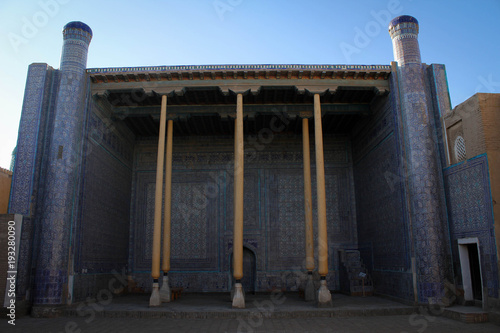 Ancient masterpiece of maiolica and mosaic of iwan gallery in Khiva, Uzbekistan  photo