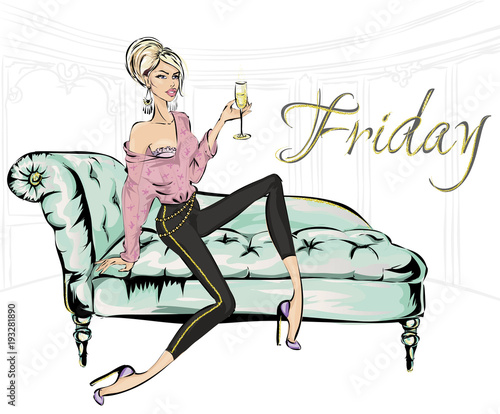 Fashion girl with glass of champagne sitting on sofa in living room. Friday home party, luxury fashion woman, glitter details vector illustration clipart