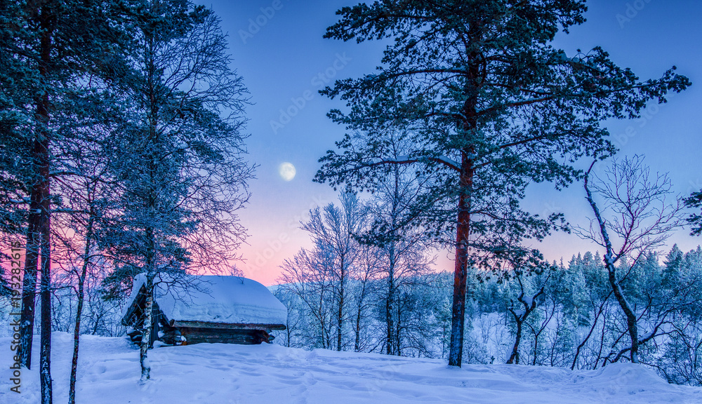 Winter wonderland in Scandinavia with moon at sunset