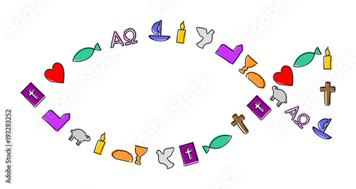 Bunte christliche Symbole in Form eines Fischs
