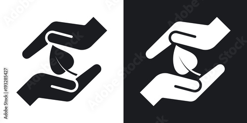 Vector hands protect the leaf icon. Two-tone version on black and white background