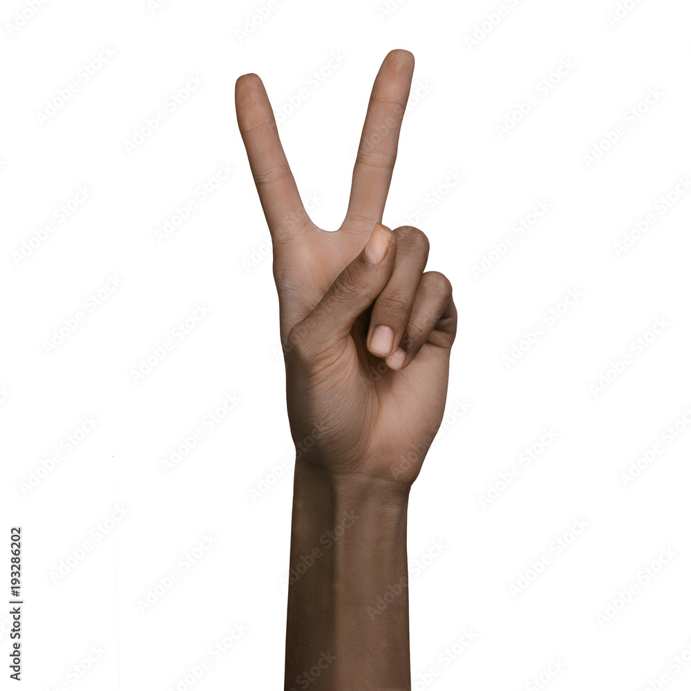 African american black hand gesture peace two sign isolated on white background African american black hand gesture peace two sign isolated on white background