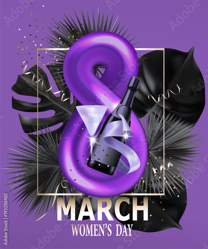 8 march women's day greeting card with the eight and tropical leaves. Vector illustration