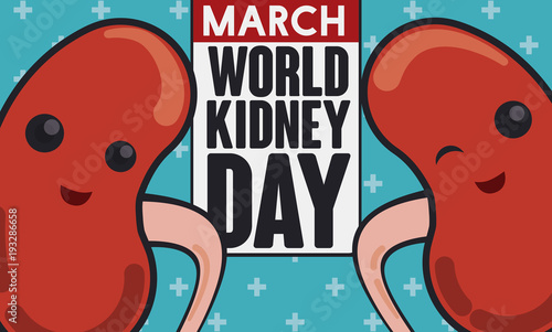 Cute Pair of Kidneys with Reminder for World Kidney Day, Vector Illustration