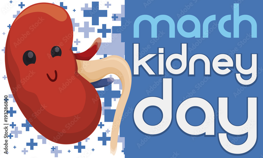 Naklejka premium Cute Kidney with Crosses to Commemorate Kidney Day in March, Vector Illustration