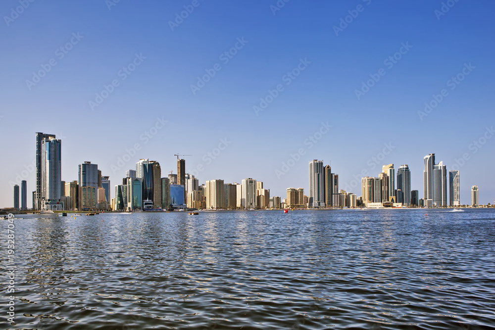 Skyscrapers on the shores of Laguna Khalid. Sharjah. United Arab Emirates