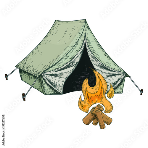 Camping tent for tourism and bonfire, cartoon sketch illustration of travel equipment. Vector