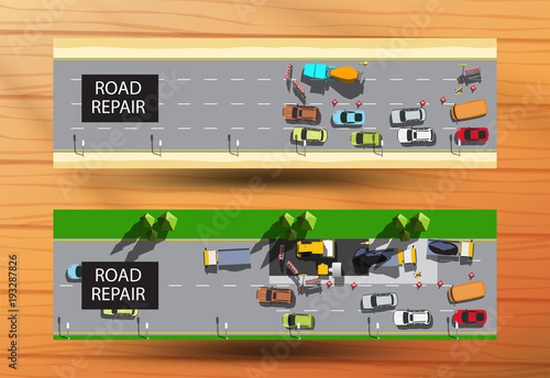 Horizontal web banners with top view road repair