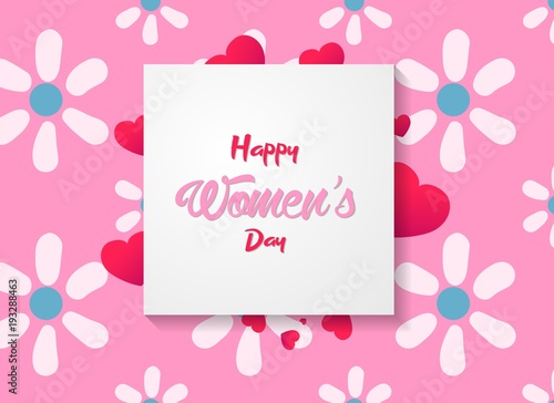 Happy Women's Day Greeting card with flowers and hearts on pink background