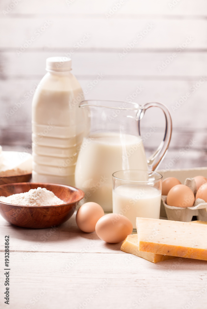 Dairy products on wooden table Dairy products on wooden table