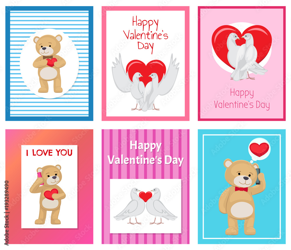 Cute Soft Toy Bears and White Doves in Love Set Cute Soft Toy Bears and White Doves in Love Set