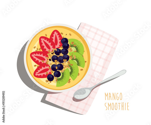 Sweet and tropical Mango Smoothie fruit bowl topped with strawberries, blueberries, kiwi and granola. Colorful and healthy meal with napkin and spoon. Top view isolated vector illustration.