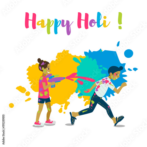 Children playing holi .Happy holi festival greeting card and vector design.