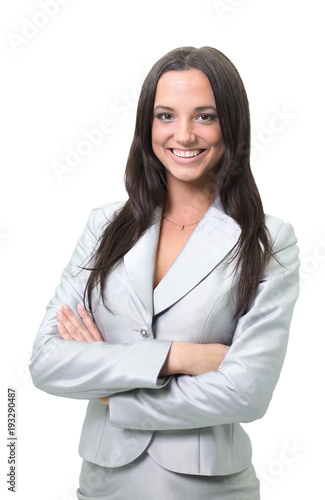 Beautiful business woman smiling isolated over a white