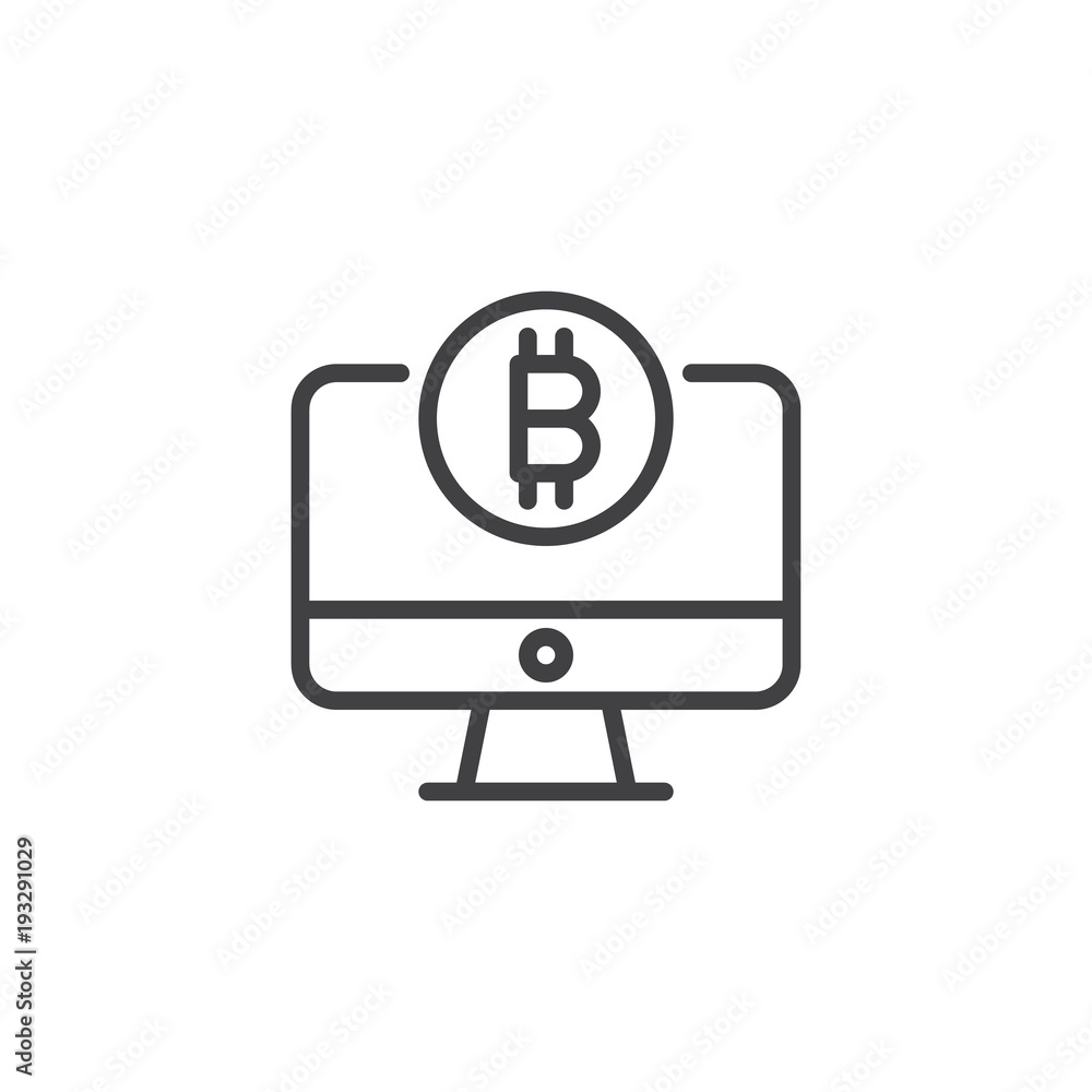 Computer monitor with bitcoin outline icon. linear style sign for mobile concept and web design. Mining crypto virtual money simple line vector icon. Cryptocurrency symbol, logo illustration