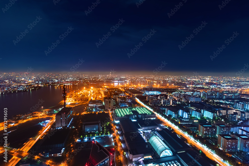 Aerial view of the Osaka Bay harbor area at night Aerial view of the Osaka Bay harbor area at night
