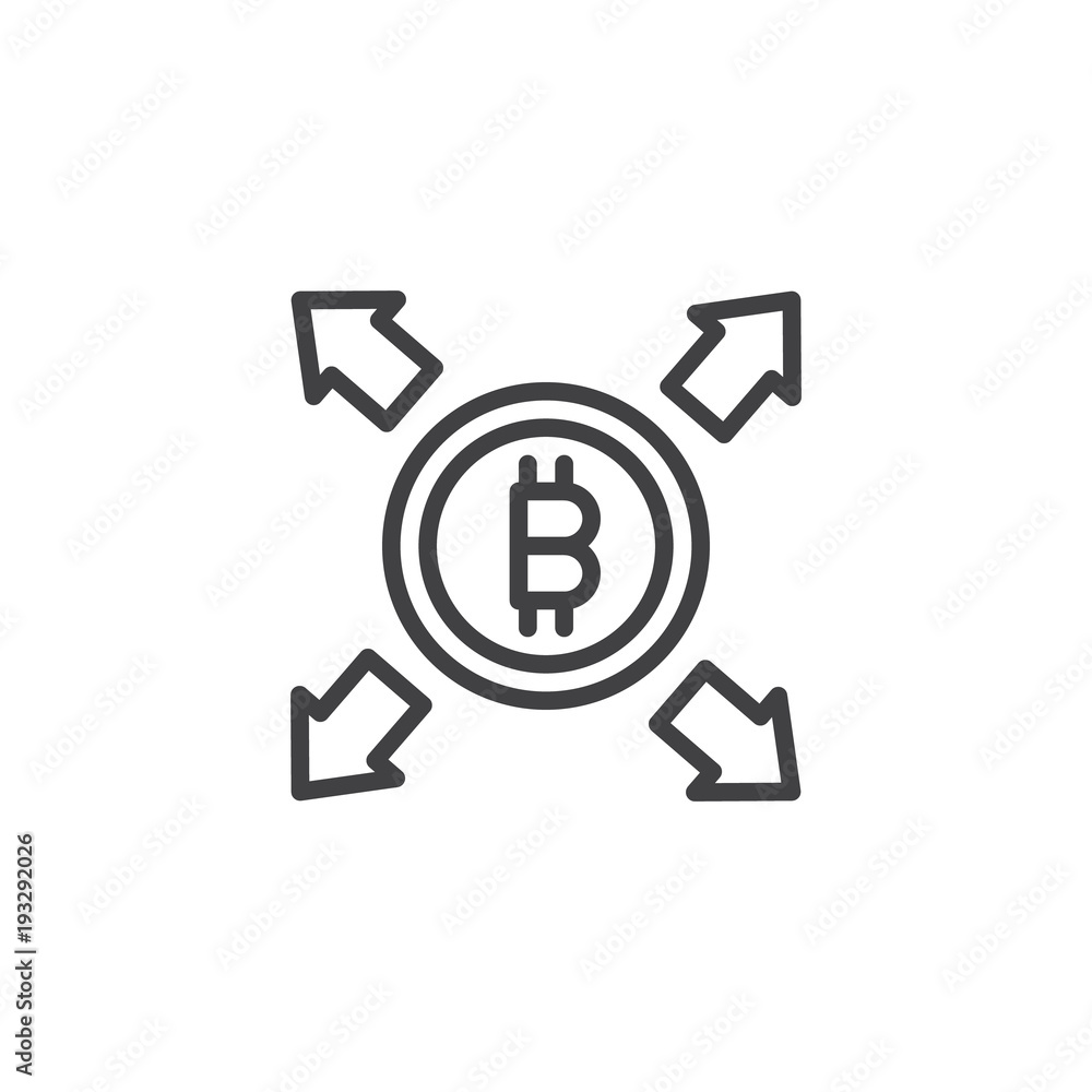 Bitcoin with all direction arrows outline icon. linear style sign for mobile concept and web design. Cryptocurrency money spread simple line vector icon. Symbol, logo illustration Bitcoin with all direction arrows outline icon. linear style sign for mobile concept and web design. Cryptocurrency money spread simple line vector icon. Symbol, logo illustration