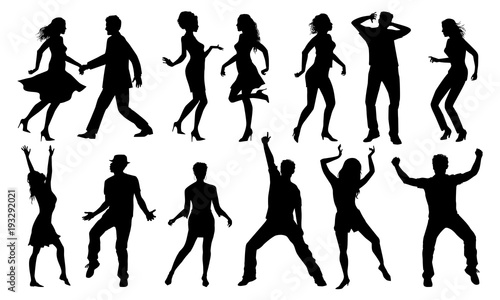 Black and White Dancing Silhouettes, Vector Set