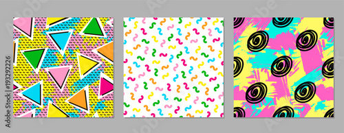Colorful geometric seamless patterns. Bright backgrounds. Trendy.