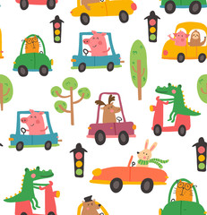 Fototapete Tiermuster mit Fahrzeugen Tiere im Auto Kindermuster bunt  © los_ojos_pardos