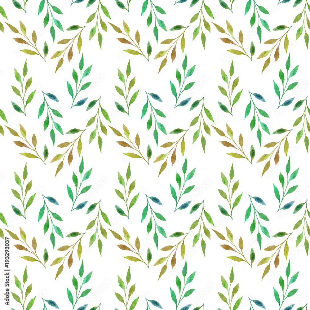 Naklejka premium Watercolor hand drawn illustration isolated on white background. Seamless watercolor pattern with leaves and branches for background, wallpaper, textile.