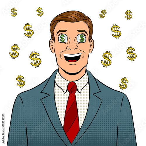 Businessman with dollar sign in eyes pop art