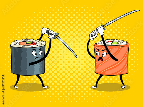 Sushi roll with japanese sword pop art vector