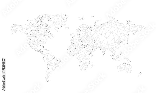 Fototapeta Naklejka Na Ścianę i Meble -  Blockchain technology network polygon world map isolated on white background. Network, fintech business, e-commerce, bitcoin trading and global cryptocurrency blockchain business banner concept vector