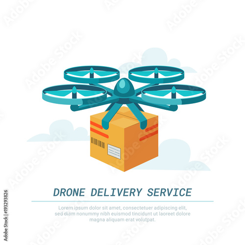 Drone delivery service. Remote air drone with parcel. Modern delivery of the package by flying quadcopter. Flat style concept