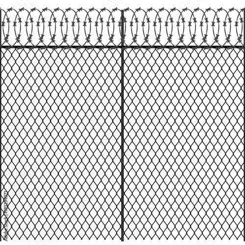 Seamless metal fence with barbed wire isolated. Vector