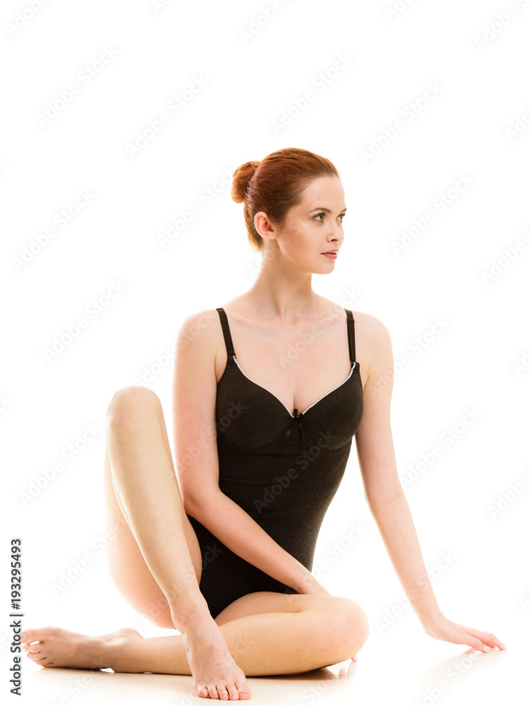 Attractive woman in black swimsuit style underwear