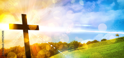 Photography Religious representation with cross and nature landscape background