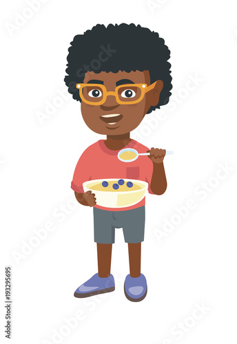Happy african-american boy holding a spoon and bowl of porridge with blueberries. Little boy eating porridge for breakfast. Vector sketch cartoon illustration isolated on white background.