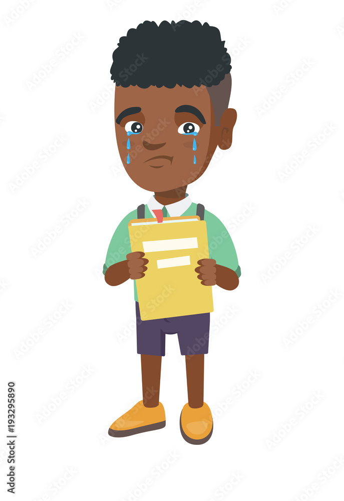 African-american upset little boy shedding tears and showing book. Sad boy  crying and holding book in hands. Vector sketch cartoon illustration  isolated on white background. Stock Vector | Adobe Stock