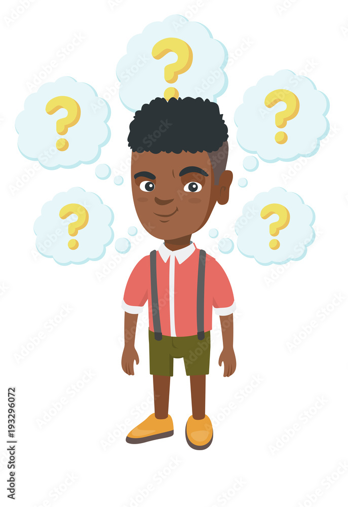 African-american thinking boy with question marks. Thoughtful little boy  standing under question marks above his head. Vector sketch cartoon  illustration isolated on white background. Stock Vector | Adobe Stock