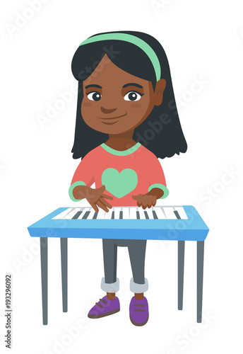 Little african-american girl playing the piano. Full length of smiling girl standing near the piano. Vector sketch cartoon illustration isolated on white background.