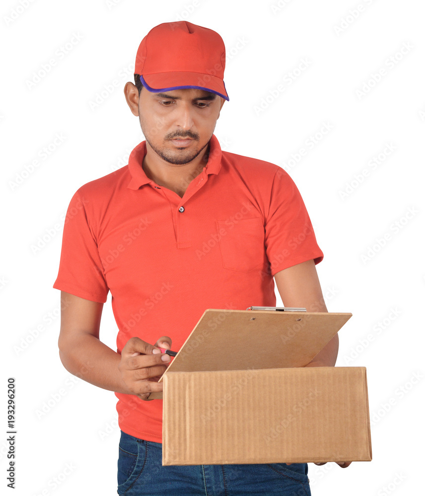 Delivery man holding carton box checking list in uniform Delivery man holding carton box checking list in uniform